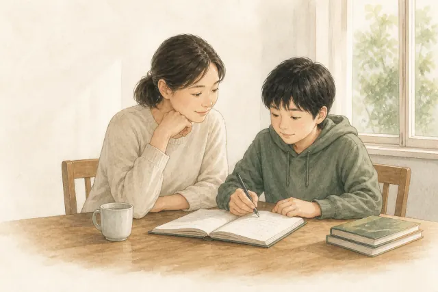 ノートを見ながら話す親子